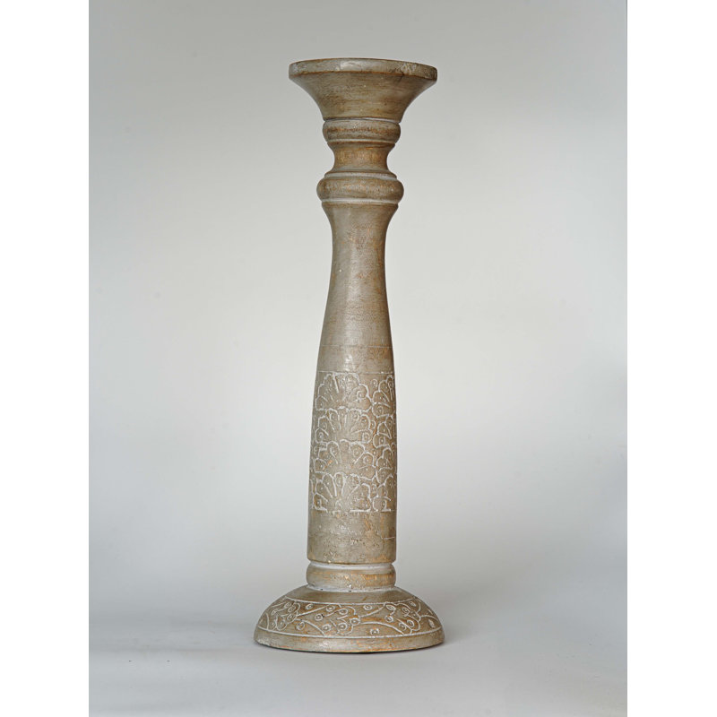 Gray Wash 15'' Handmade Mango Wood Pillar Candle Holder