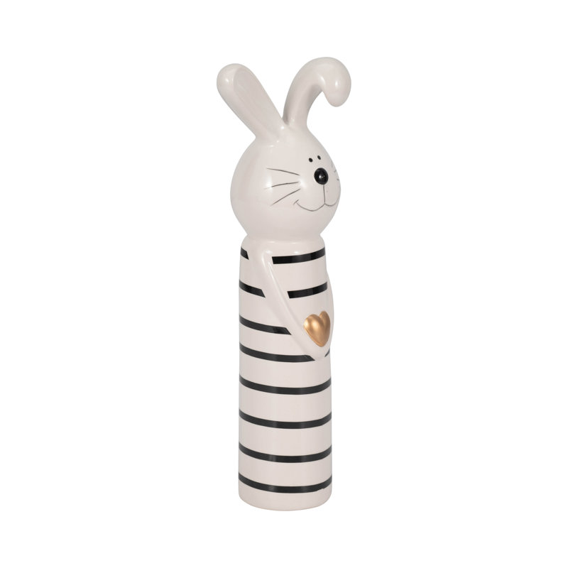 Decorative Ceramic Bunny Figurine Object for Home Decor - Decorative Sculpture Statue with Heart Accent for Living Room Decoration - Ivory & Black