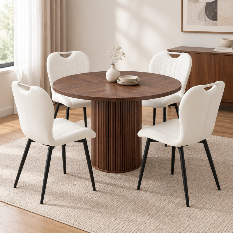 Ensemble de salle à manger rond 4 pièces en bois de noyer veiné avec chaises en similicuir, Blanc
