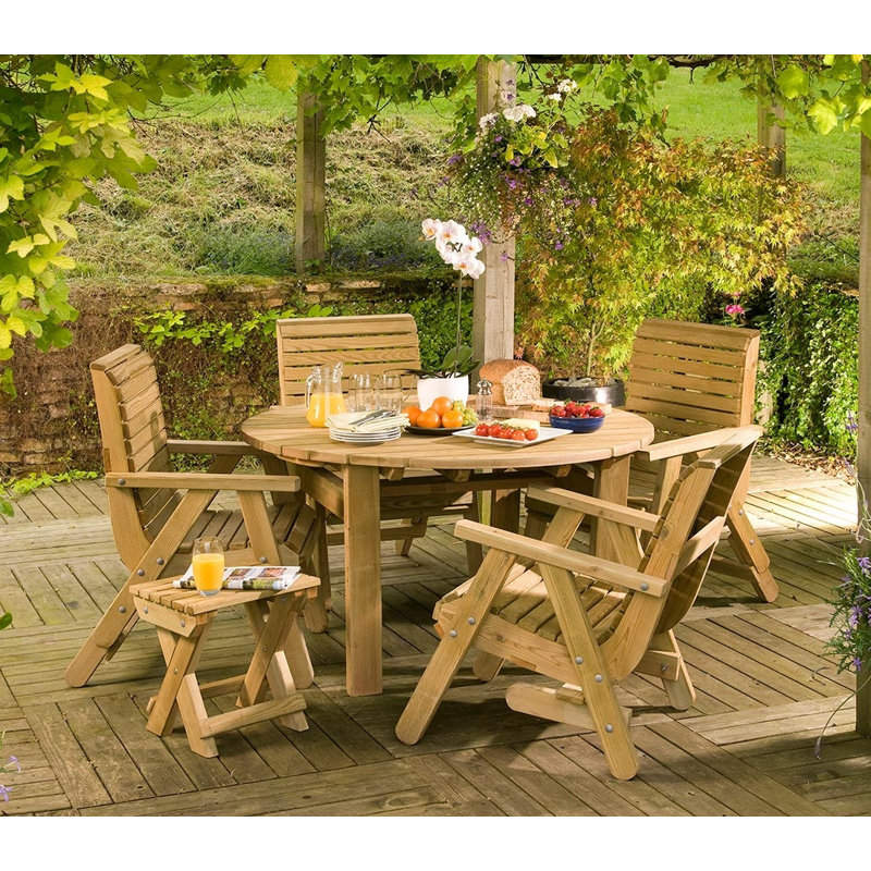 Charsie Margot Round Wooden Garden Table and Chair Set | 4 Seater | PEFC ® Certified Scandinavian Redwood | 5 Pieces, 4 Elli Flipleg Chairs, 1 Margot 1.27 m diameter Table