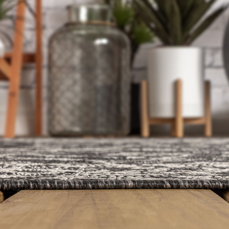 Markwart Vine and Border Textured Weave Black/Gray Indoor/Outdoor Rug, Rectangle 3'11" x 6'