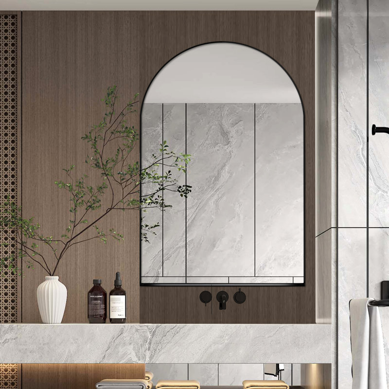 Armoire de salle de bain en métal avec cadre encastré arqué de 24 po x 36 po, noir mat avec miroir et tablettes de rangement réglables