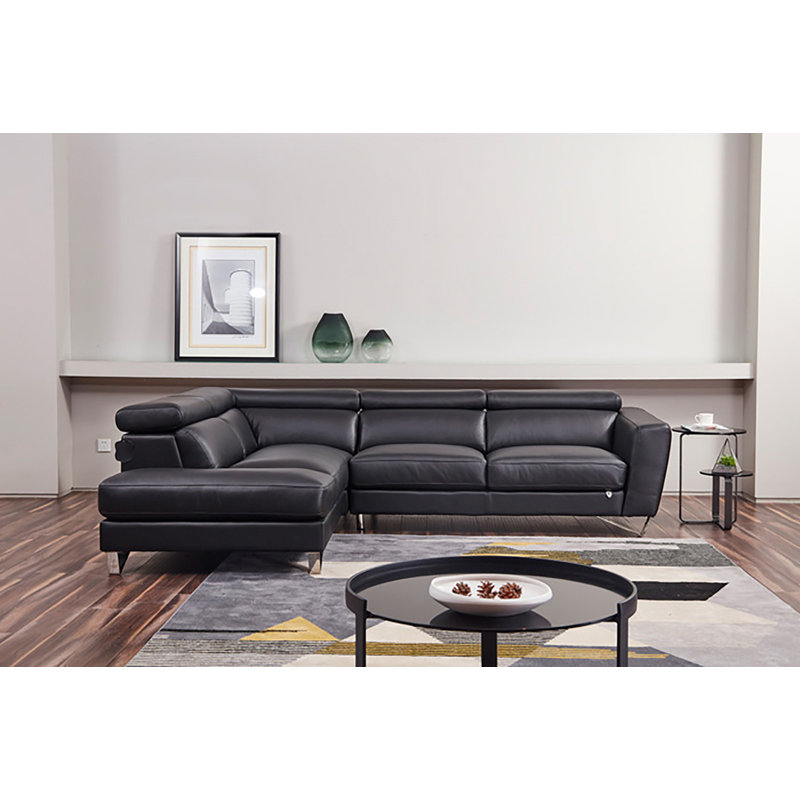 Black Genuine Leather Right Sitting Sectional with Stainless Steel Legs