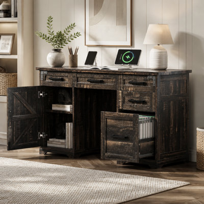 Bureau de direction 55 po avec station de charge et prise de courant, bureau d'ordinateur personnel avec 5 tiroirs et armoire, table de travail en bois rustique avec tiroir classeur, gris rustique