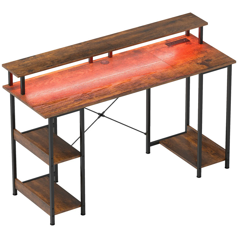 Table d'ordinateur réversible avec prises de courant et lumières DEL, H 35,2 po x l 55,1 po x P 19,7 po, Brun rustique