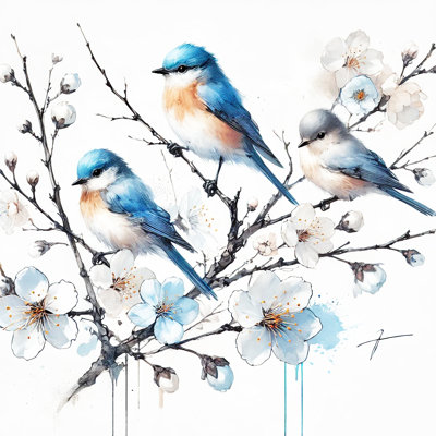 «Vivid Melody - Bluebirds and Blossoms», reproduction d'art sur toile