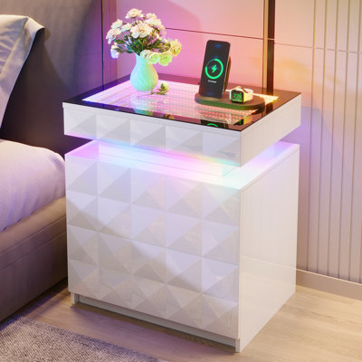 Table de chevet à 2 tiroirs avec lumière RVB réglable et détection de corps humain, table de chevet tendance avec miroir et station de charge