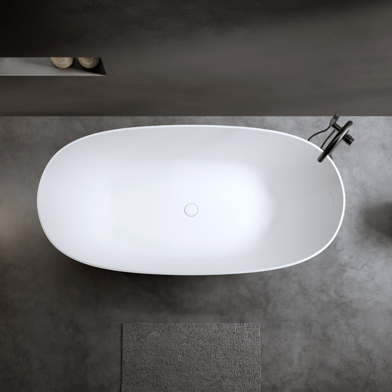Baignoire de trempage autoportante ovale de 57 pouces à surface solide blanc mat, Blanc à bords minces