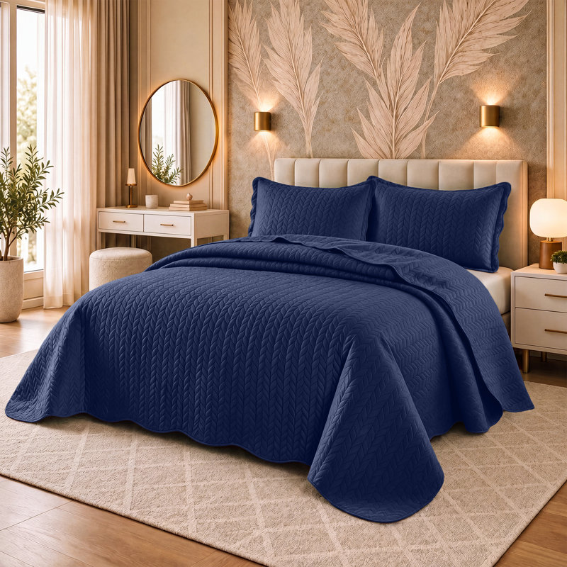 Ensemble de couvre-lit matelassé en microfibre embossée, California King Comforter + 2 Standard Shams, Blue