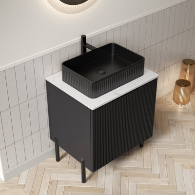 Ensemble de meuble-lavabo autoportant avec lavabo, 2 portes, lavabo en céramique noir et comptoir Carrara blanc Turio
