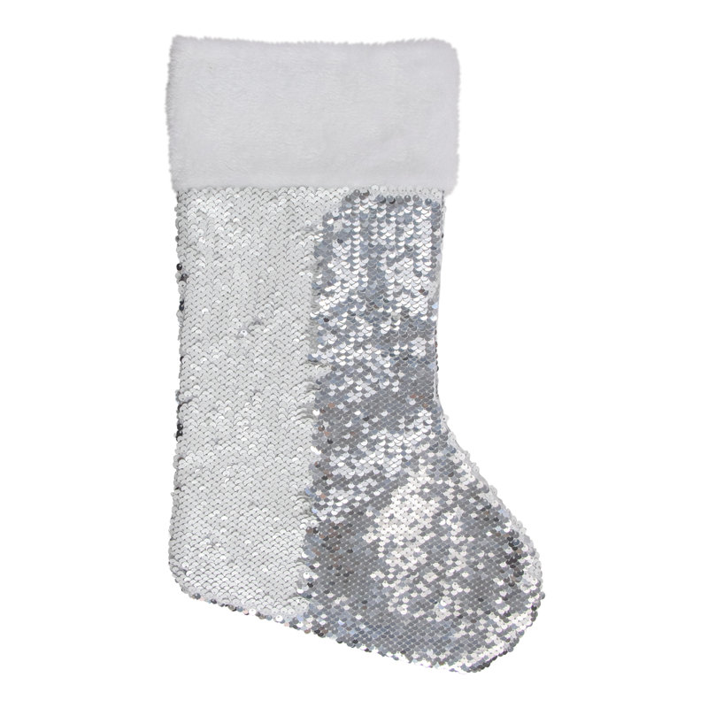 Chaussette de Noël 19 po à paillettes blanches et argent avec manchette en fausse fourrure blanche