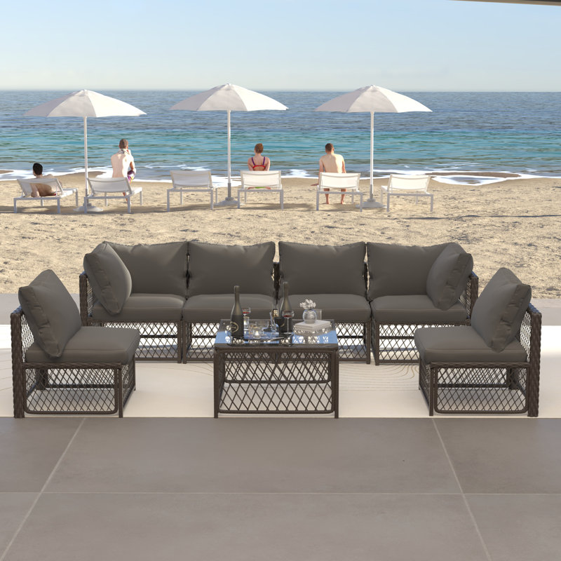 Ensembles de conversation d'extérieur en osier 7 pièces, avec coussins et table en verre, pour patio, jardin, bord de piscine, cour