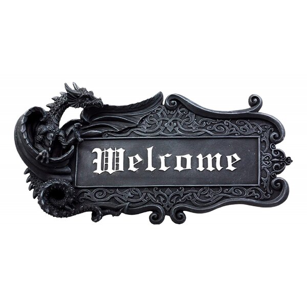 Mythical Fantasy Dragon Welcome Sign Gothic Faux Stone Resin Sculptural Display Wall Décor World Menagerie