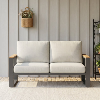 52" Aluminum 2‑Person Outdoor Sofa for All Weather, Metal Patio Sofa with Wood Armrest for Skin-friendly Touch, Outdoor Loveseat with Removable Cushions for Backyard, Garden, Deck