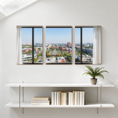 «Scenic & Cityscapes Cityscape View Through Modern Window Panes», ensemble de 3 impressions sur toile