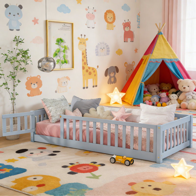Twin Size Solid Wood Floor Bed for Toddler Bed Transition With Fence And Door Included, Gray