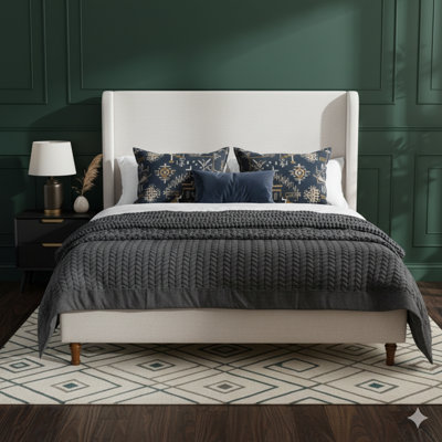Hayden Style Upholstered Wingback Bed In King Size / Tall 54-Inch Headboard Padded King Bed / Does Not Include Wooden Slats / Requires A Box Spring / King Size / Textured Ivory Canvas Fabric / Simple Elegant Design / Easy To Assemble.