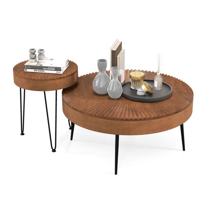 Millwood Pines Farmhouse Round Coffeetable Set Of 2 End Table Natural Finish For Living Room Coffee