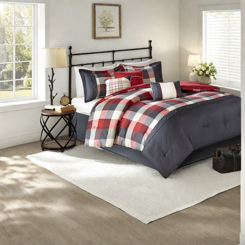 Luxury Red Herringbone Bedding Set, Polyester Comforter, Farmhouse King