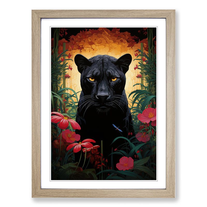 Panther Art Deco - Single Picture Frame Print on Wood, 46cm H x 34cm W x 2cm D, Oak Framed