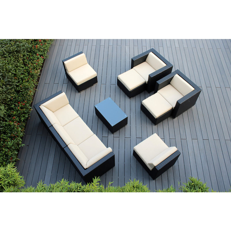 Ensemble de conversation en osier pour 7 personnes avec coussins Kiara, Supercrylic beige, Noir