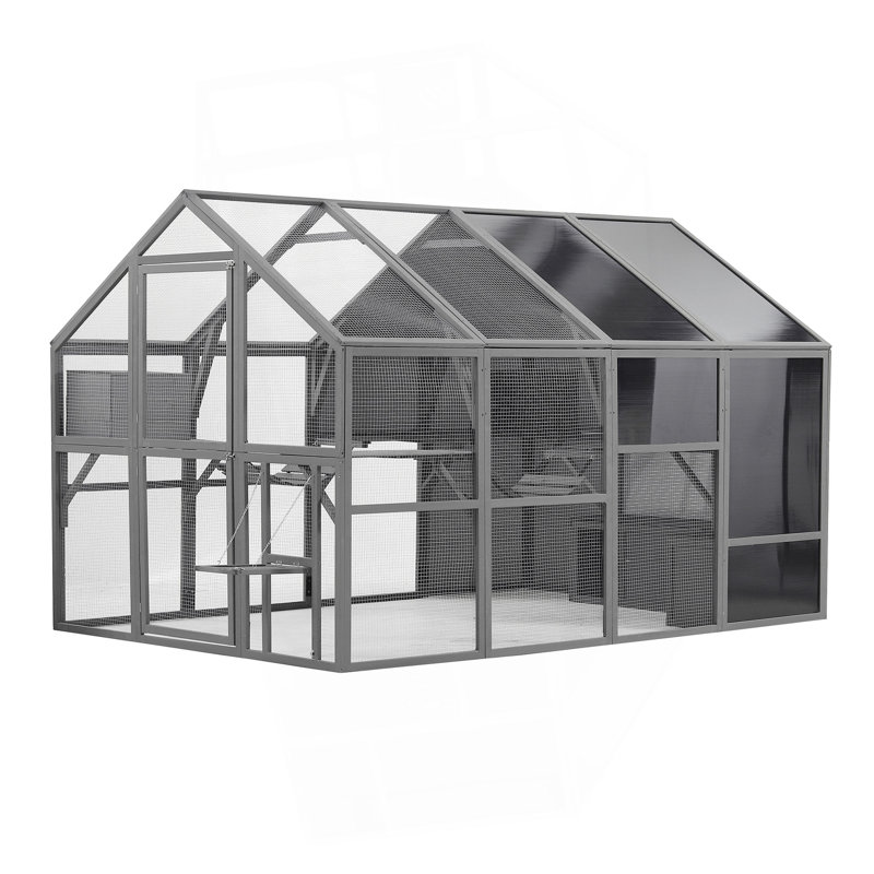 Cage à chat de luxe en bois pour l'extérieur avec cage gonflable, pont pour chat, chariots, plateformes, petites maisons, sièges et panneau de soleil - 108,7 po