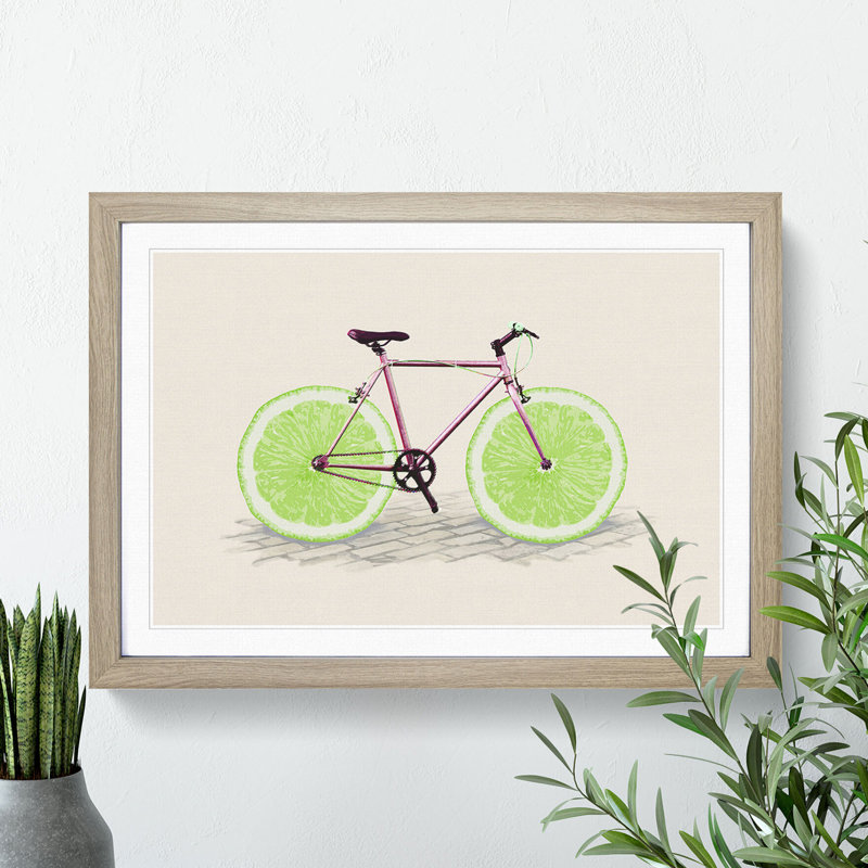 Lime Bicycle - Picture Frame Painting, 27cm H x 36cm W x 2cm D, Walnut Framed