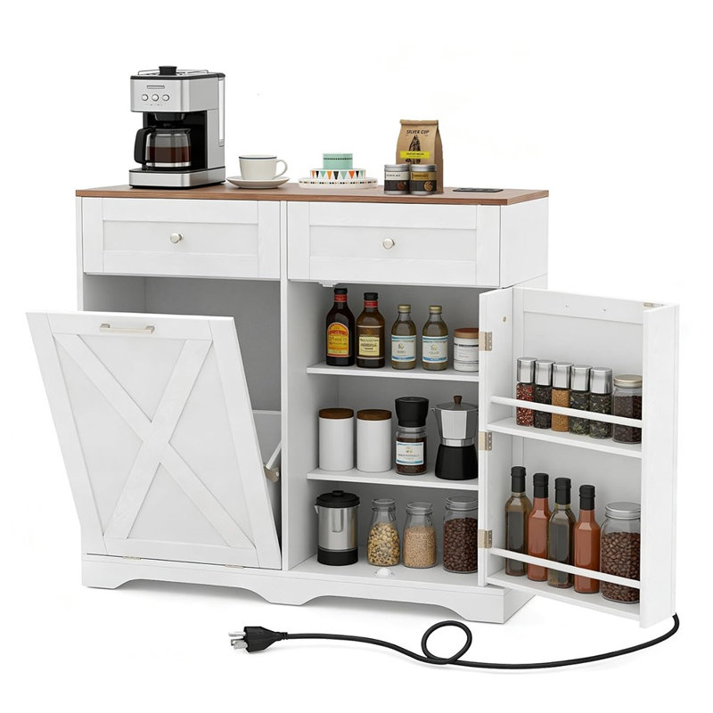 Armoire à poubelle avec station de charge - Buffet de cuisine avec tiroirs, tablettes réglables et poubelle cachée, blanc