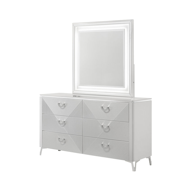 Commode contemporaine l 63,40 po avec miroir, blanc ultrabrillant