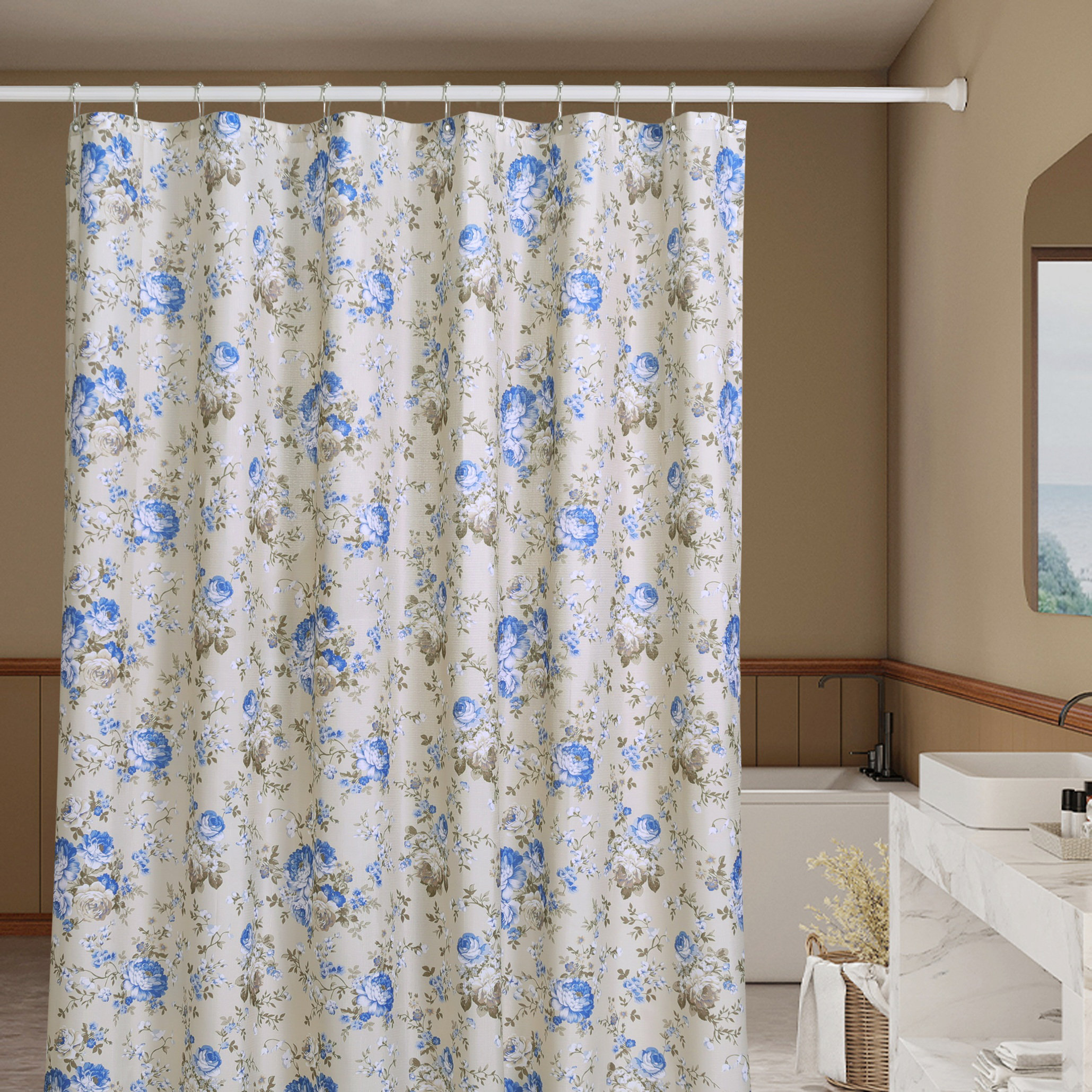 Linen Floral Shower Curtain with Hooks Included