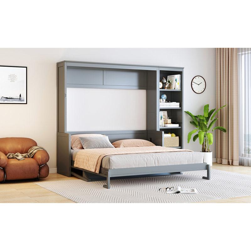 Grand lit gris avec bureau intégré et tablette de rangement pour livres, matériaux en pin massif, conception spacieuse, amplement d'espace, pliable