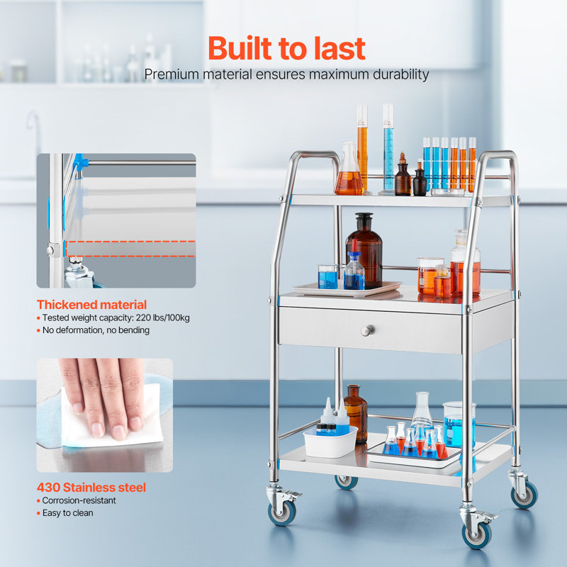 Silver Stainless Steel 3-Tier Mobile Lab Cart with Drawer