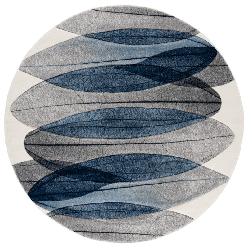 Jeromie Performance Floral Rug, Round 6'7", Blue/Black/Ivory