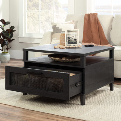 Table basse fonctionnelle fonctionnelle avec tiroir à fermeture douce et plateau spacieux, couleur brune, tiroir ouvert de base, finition noire, profondeur de 31,5 pouces