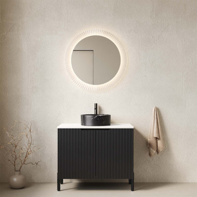 Meuble-lavabo autoportant de 30 pouces avec lavabo rond en céramique, motif en pierre et comptoir en pierre frittée pour un rangement élégant