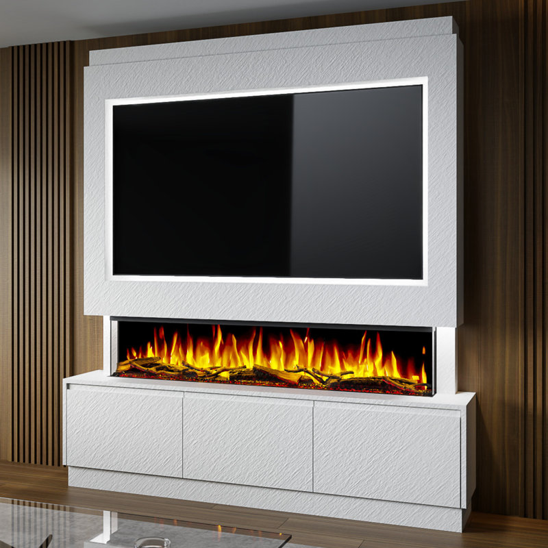 Evolution Fires Pre-Built Media Wall Package 21, finished in textured Venetian Plaster, includes Spectrum Series 60 Series 3-Sided Electric Fireplace