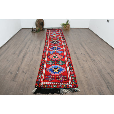 31.9x155.5 Inch Red Wool Kilim Patchwork Runner Rug, Unique Handcrafted Design