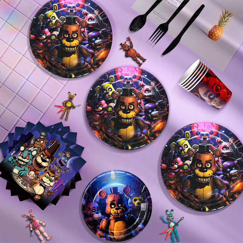 Décorations de fond pour fête d'anniversaire Five Nights at Freddy's, ensemble de 112 pièces comprenant vaisselle et accessoires de fête Five Nights at Freddy's pour enfants