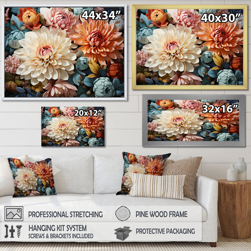 «Mums Charm In Winter», reproduction sur toile, H 16 po x l 32 po x P 1 po, Cadre doré simple