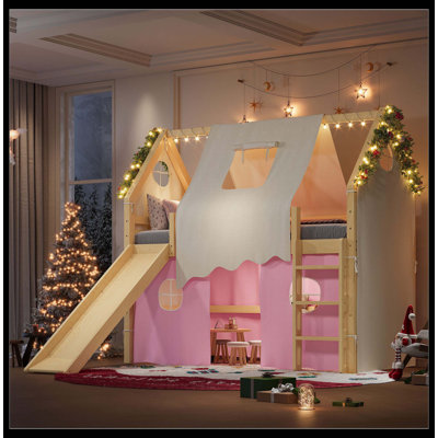 Lit mezzanine simple avec rebords et tentes, lit mezzanine en bois massif avec échelles et glissade, design chic avec lumières, aucun sommier nécessaire, naturel + rose