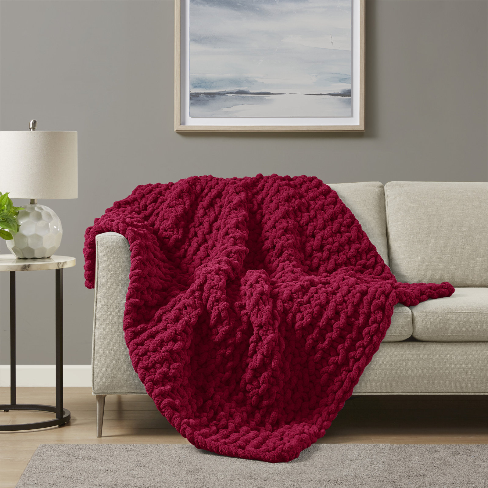 Chenille Chunky Knit Luxurious Soft Handmade Throw, Red