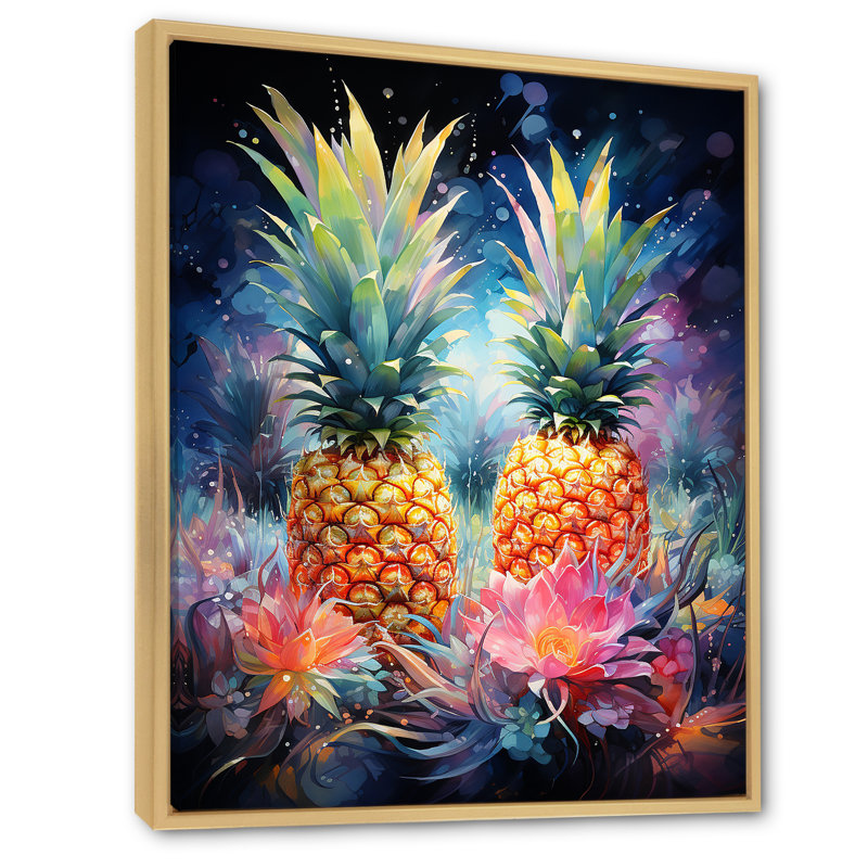 Vert et jaune, ananas cosmique II - ananas, art mural, Cadre flottant brun, 32" H x 16" W