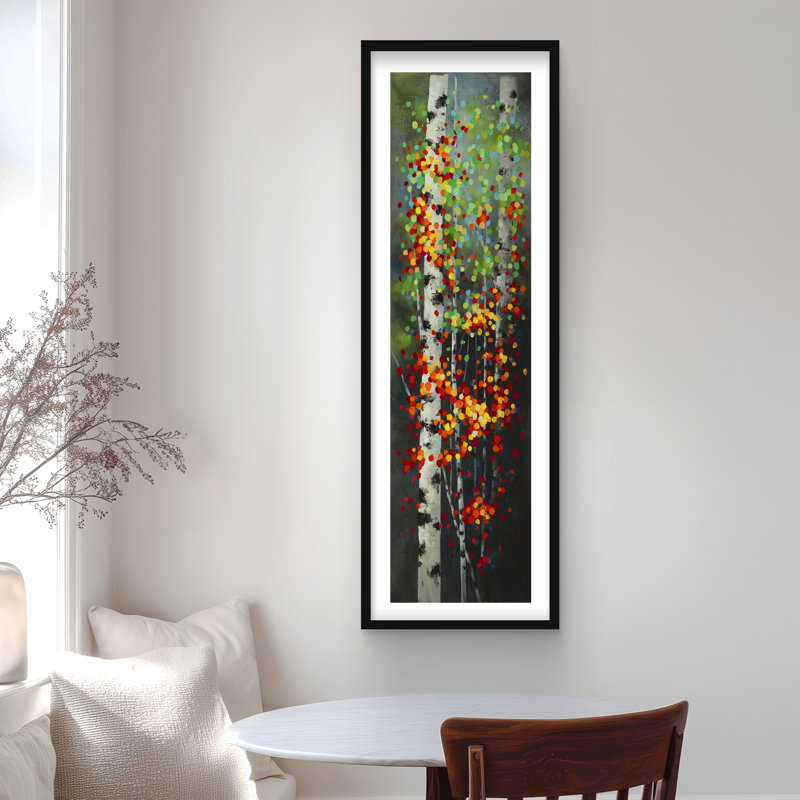 Bouleaux à feuilles colorées en pointillé | «Orange Trees», reproduction encadrée