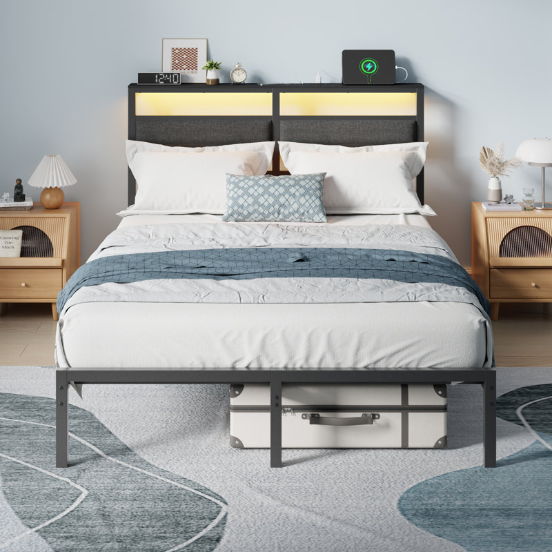 Full Bed Frame with LED Light and Charging Station, Metal Frame with Upholstered Headboard, Large Storage Space, No Box Spring Needed