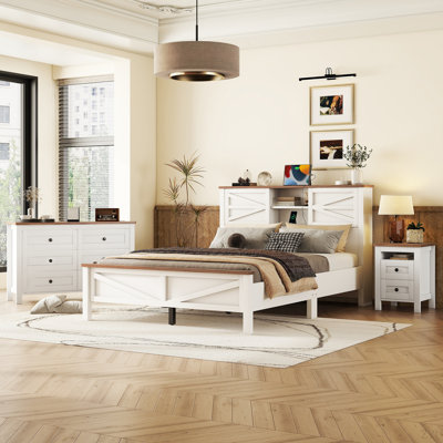 3-Pieces Bedroom Sets Queen Size Farmhouse Platform Bed With Double Sliding Door Storage Headboard,Storage Nightstand And Dresser