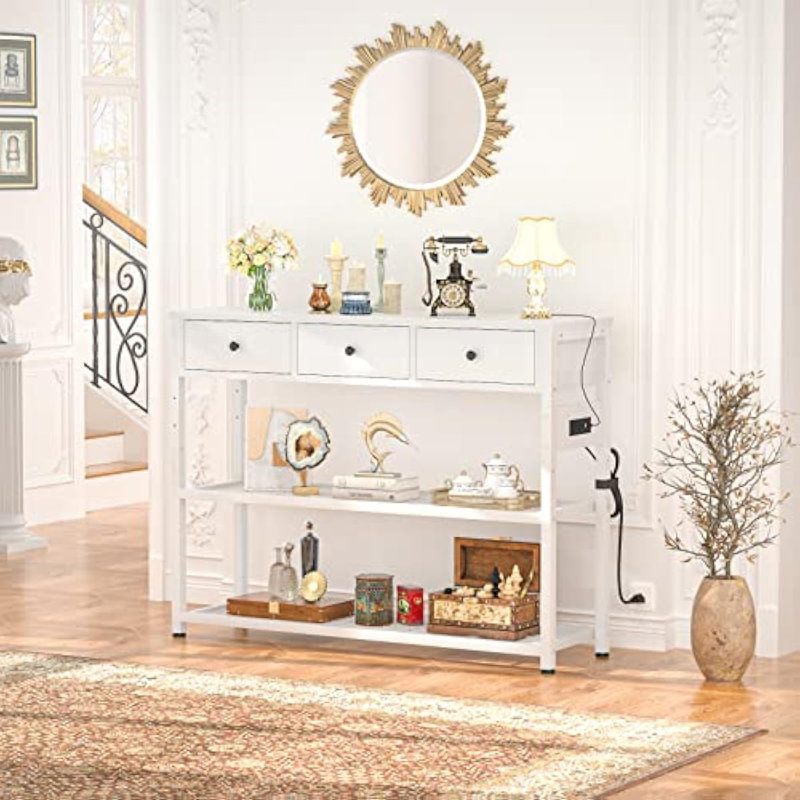 White 47'' Console Table with Storage Shelves and USB Ports