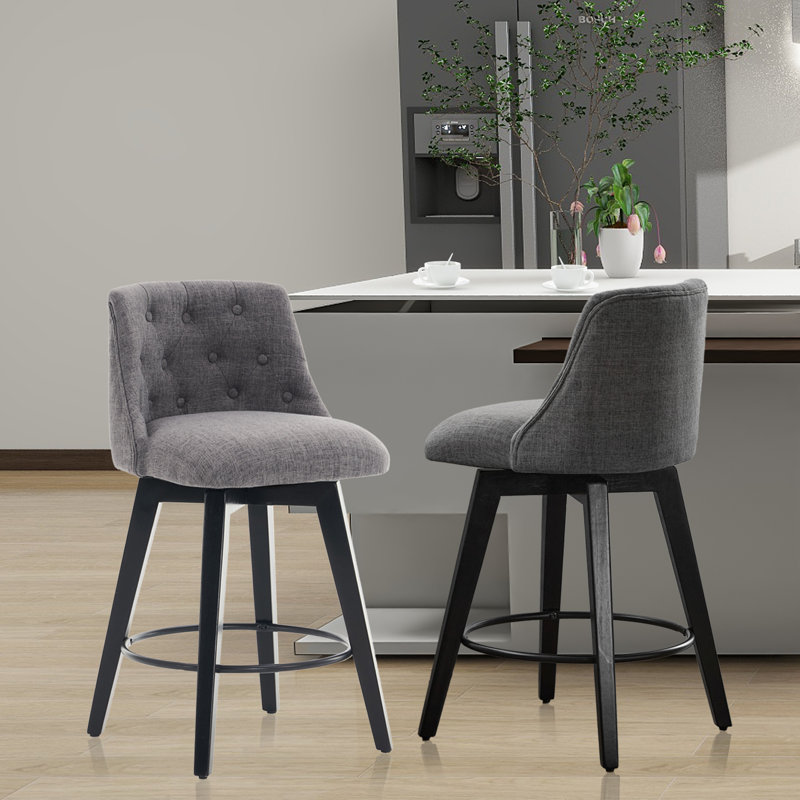  Ensemble de 2 chaises de comptoir pivotantes en tissu de lin moderne avec dossier capitonné, tabourets de bar chics pour îlot de cuisine et salle à manger