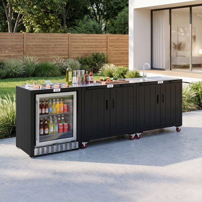 Ensemble de cuisine d'extérieur modulaire 3 pièces FEASTO avec armoire de réfrigérateur 24 po, îlot d'évier 35 po et chariot de barbecue 35 po, plans de travail en acier inoxydable 304