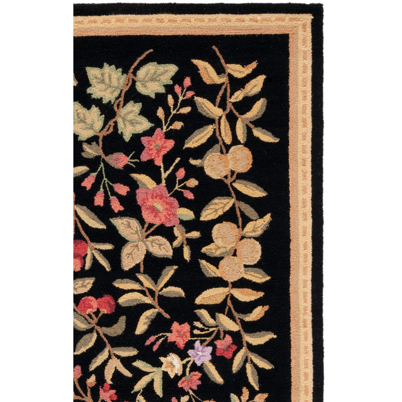 Tapis floral en laine crocheté à la main noir Kinchen, Rectangle 3 pi 9 po x 5 pi 9 po
