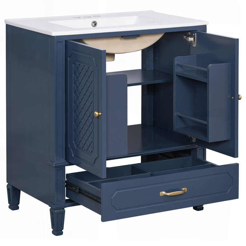Meuble-lavabo de style rétro 30 po avec lavabo, rangement multifonctionnel, porte à fermeture en douceur et structure en bois d'acacia durable